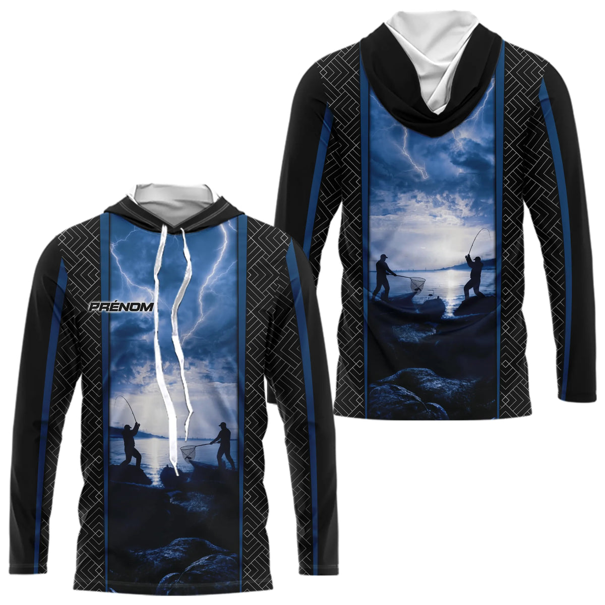 Maillot Pêche Personnalisé - Anti-UV Motif Éclair Bleu Noir - Long Sleeves Hoodie Homme