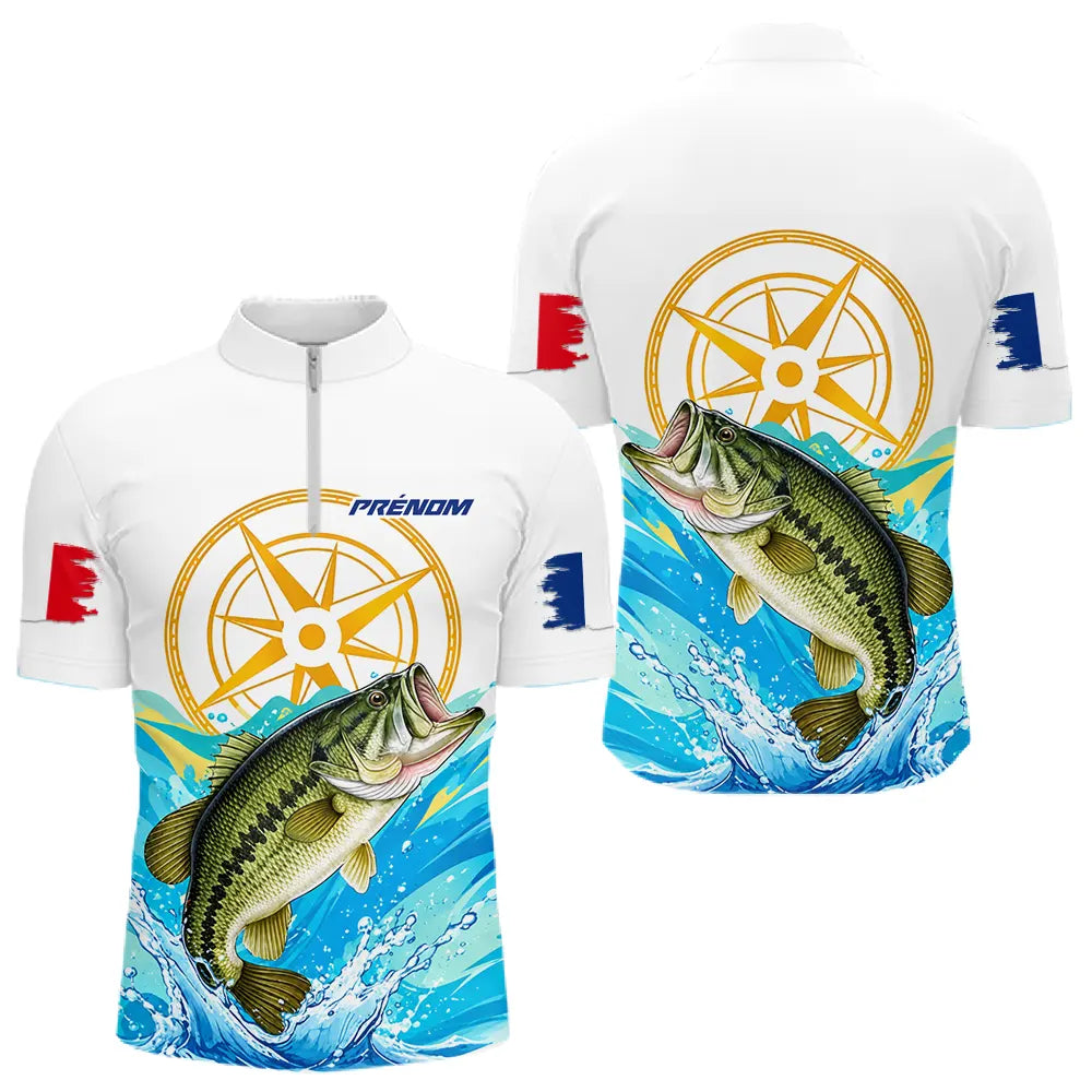 Maillot Pêche Personnalisé - Black Bass & Drapeau France - Polo Zippé Homme