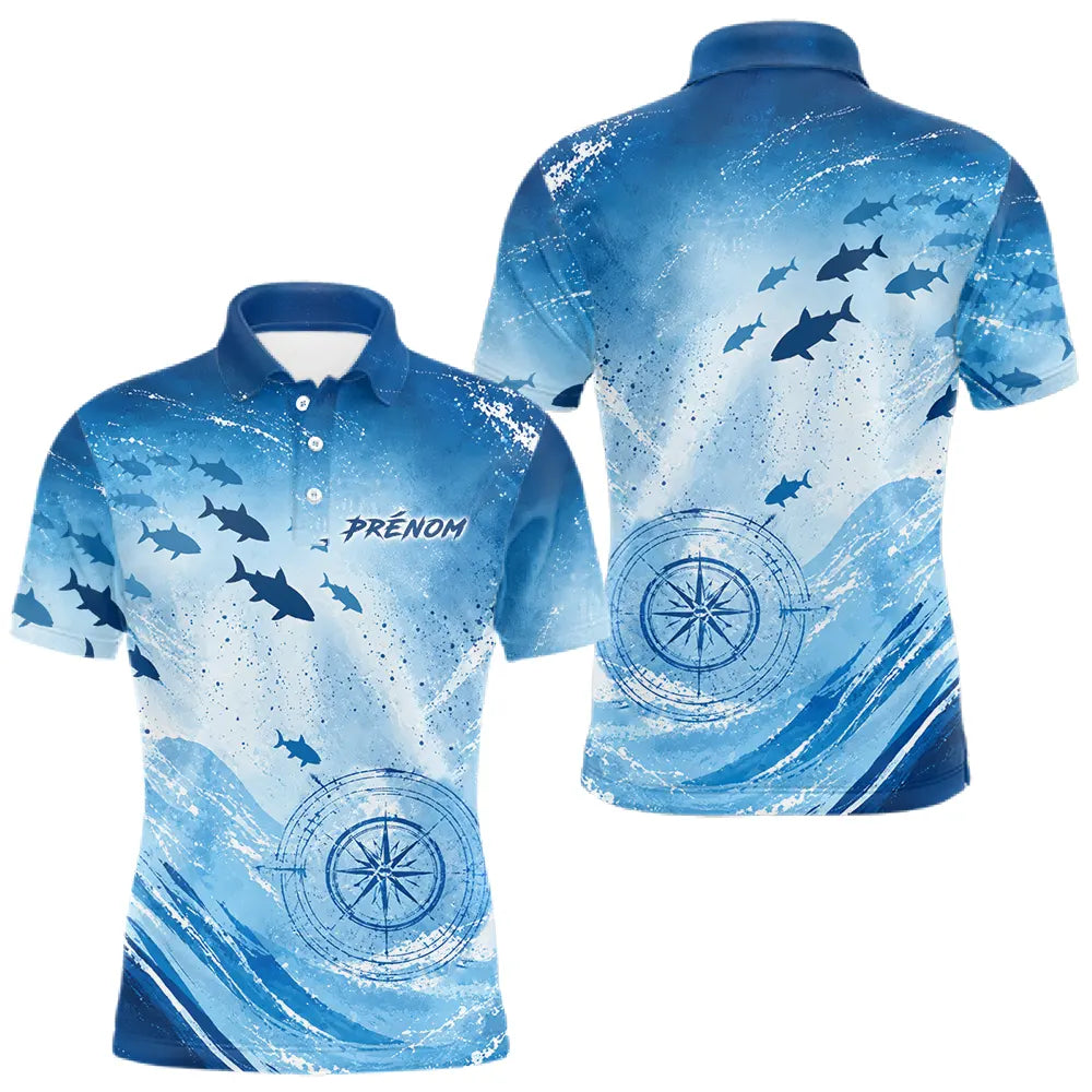 Maillot Pêche Personnalisé - Bleu Océan Anti-UV - Polo Homme