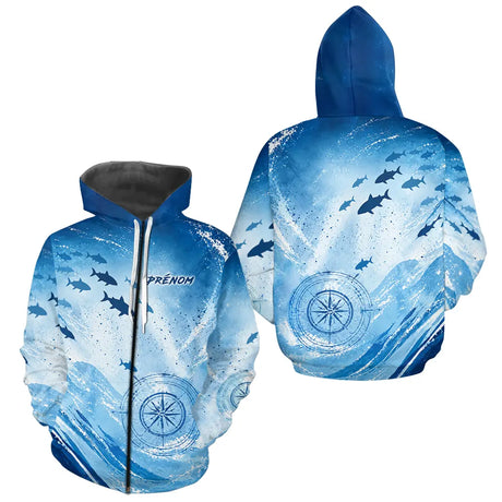 Maillot Pêche Personnalisé - Bleu Océan Anti-UV - Zippé Hoodie Homme