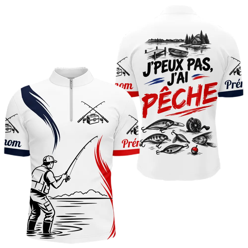 Maillot Pêche Personnalisé Blanc - J'peux Pas J'ai Pêche - Polo Zippé Homme