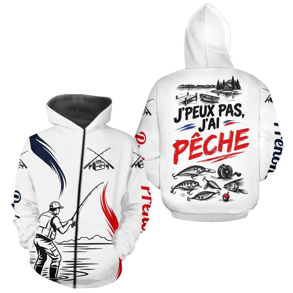 Maillot Pêche Personnalisé Blanc - J'peux Pas J'ai Pêche - Zippé Hoodie Homme