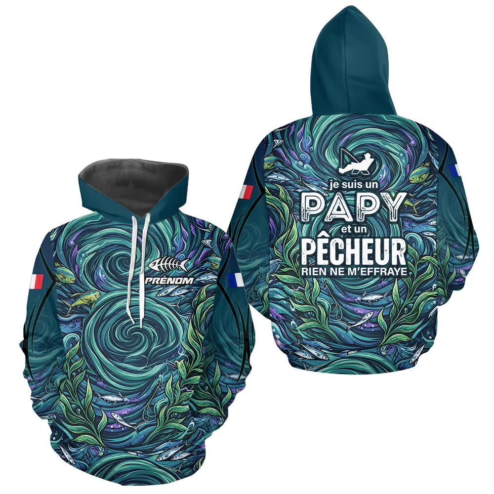 Maillot Pêche Personnalisé Bleu - Papy Pêcheur Passionnés - Hoodie Homme