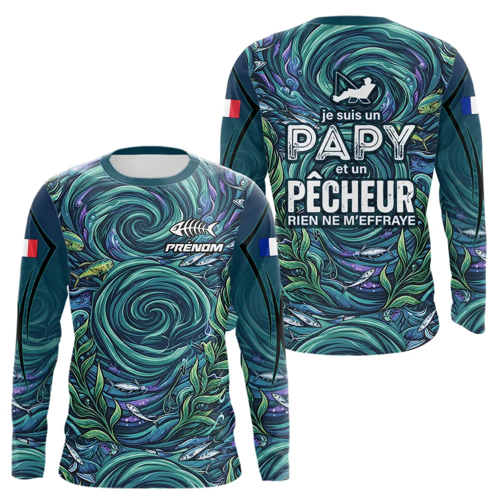 Maillot Pêche Personnalisé Bleu - Papy Pêcheur Passionnés - Long Sleeves Homme