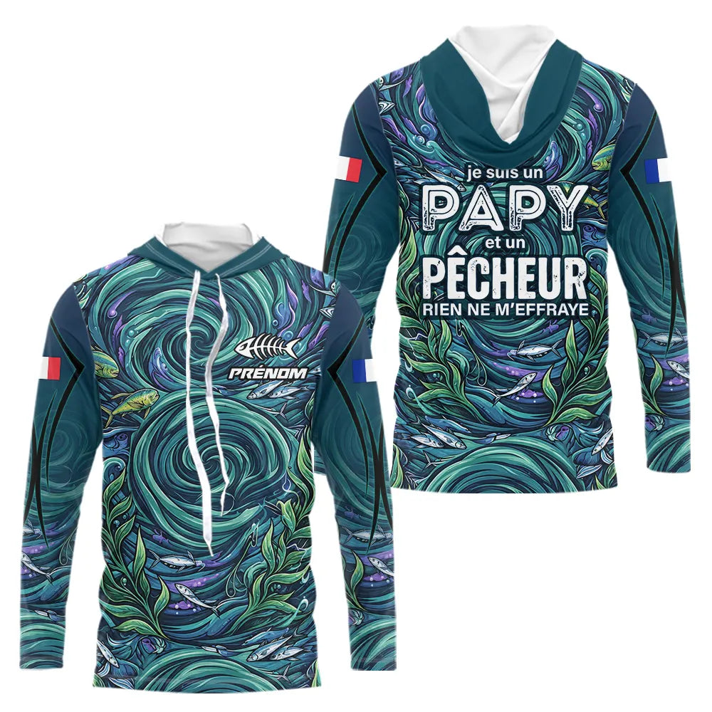 Maillot Pêche Personnalisé Bleu - Papy Pêcheur Passionnés - Long Sleeves Hoodie Homme