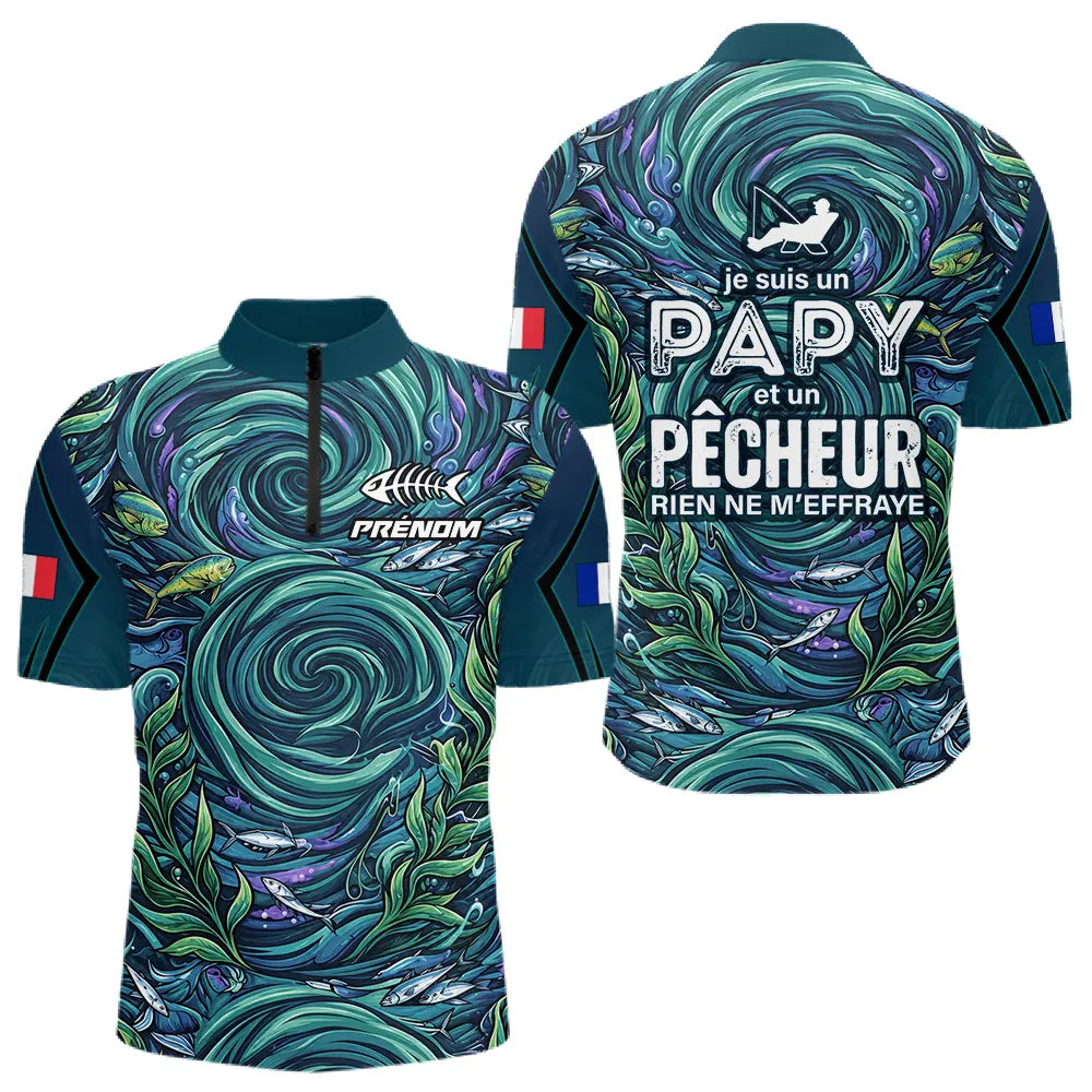 Maillot Pêche Personnalisé Bleu - Papy Pêcheur Passionnés - Polo Zippé Homme