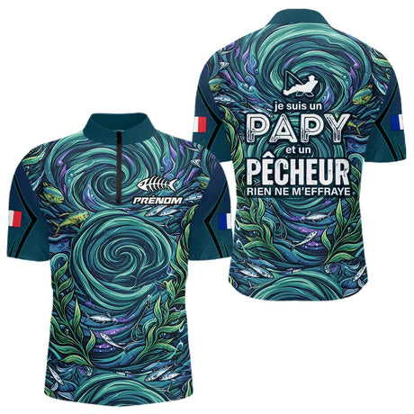 Maillot Pêche Personnalisé Bleu - Papy Pêcheur Passionnés - Polo Zippé Homme