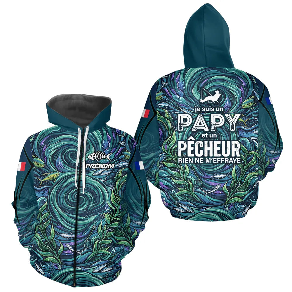 Maillot Pêche Personnalisé Bleu - Papy Pêcheur Passionnés - Zippé Hoodie Homme