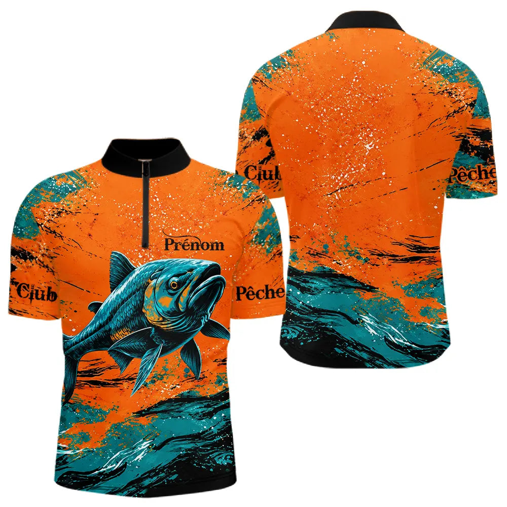 Maillot Pêche Personnalisé Orange Bleu - Club Homme - Polo Zippé Homme