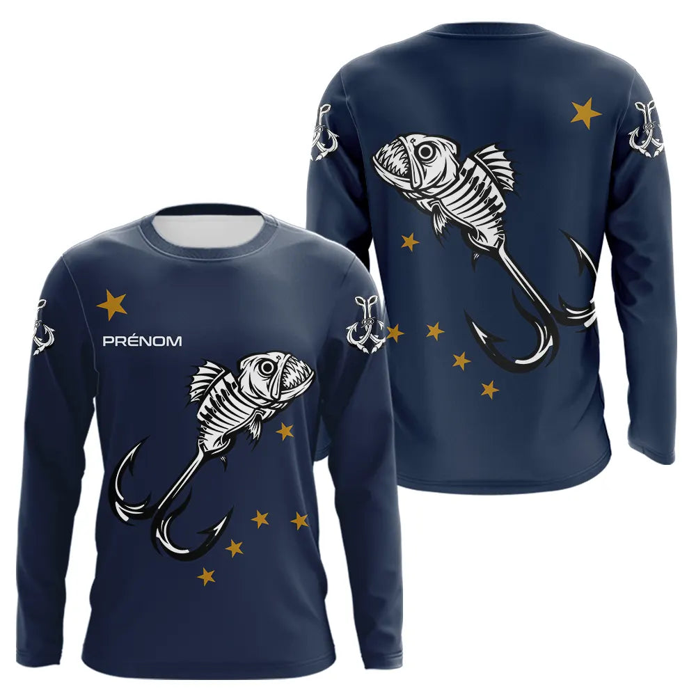 Maillot Pêche Personnalisé Squelette - Prénom Bleu Marine - Long Sleeves Homme