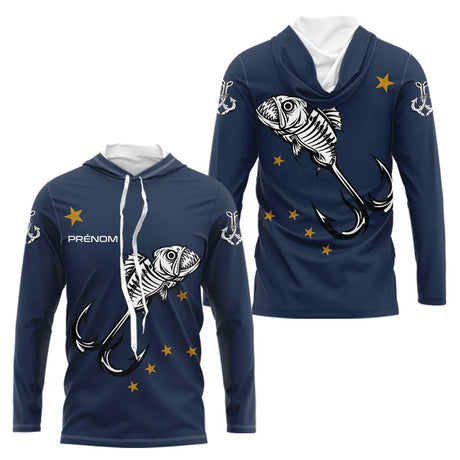 Maillot Pêche Personnalisé Squelette - Prénom Bleu Marine - Long Sleeves Hoodie Homme