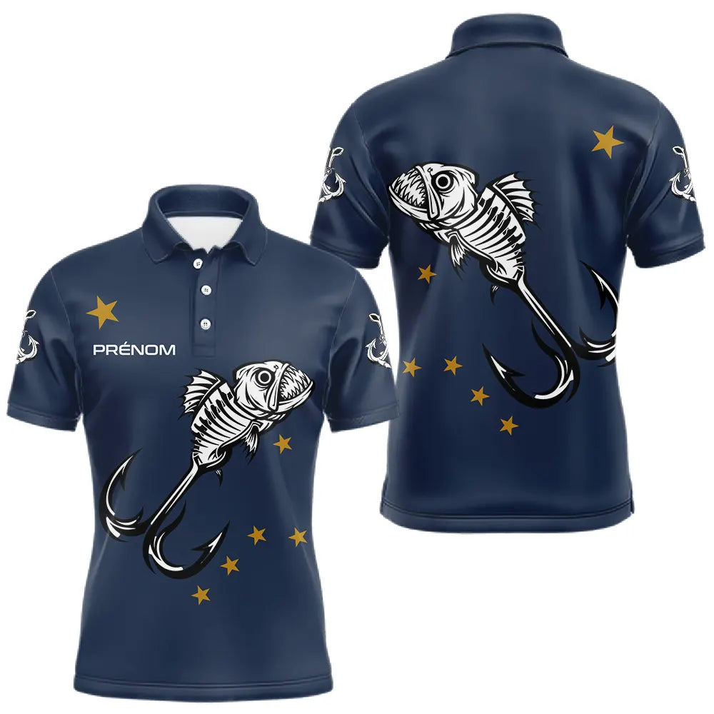 Maillot Pêche Personnalisé Squelette - Prénom Bleu Marine - Polo Homme