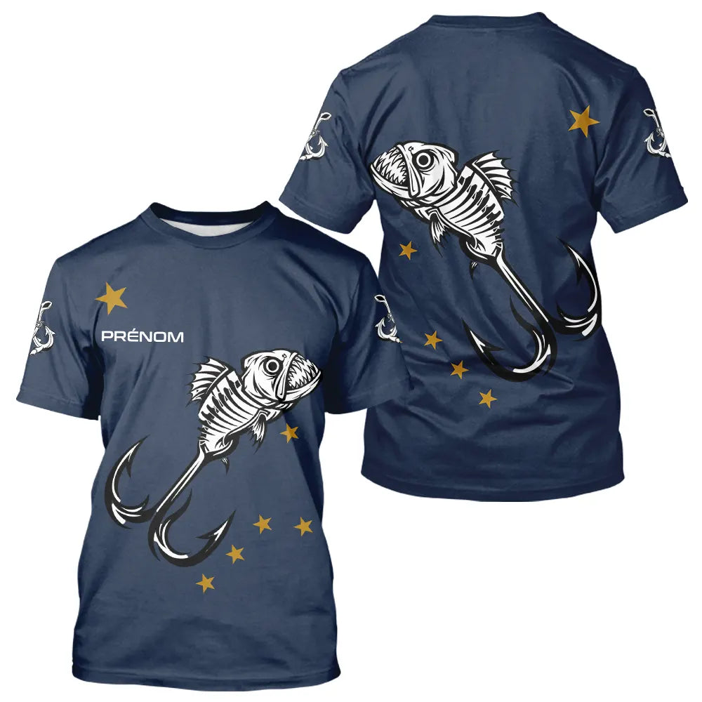 Maillot Pêche Personnalisé Squelette - Prénom Bleu Marine - T-Shirt Homme