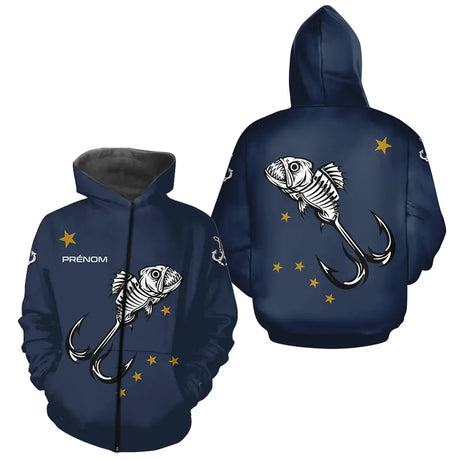 Maillot Pêche Personnalisé Squelette - Prénom Bleu Marine - Zippé Hoodie Homme