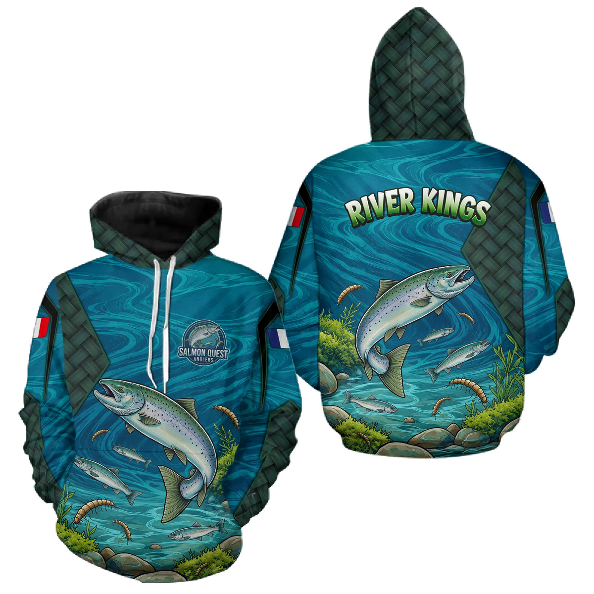 Maillot Pêche Saumon Bleu & Vert Anti UV - River Kings - Hoodie Homme