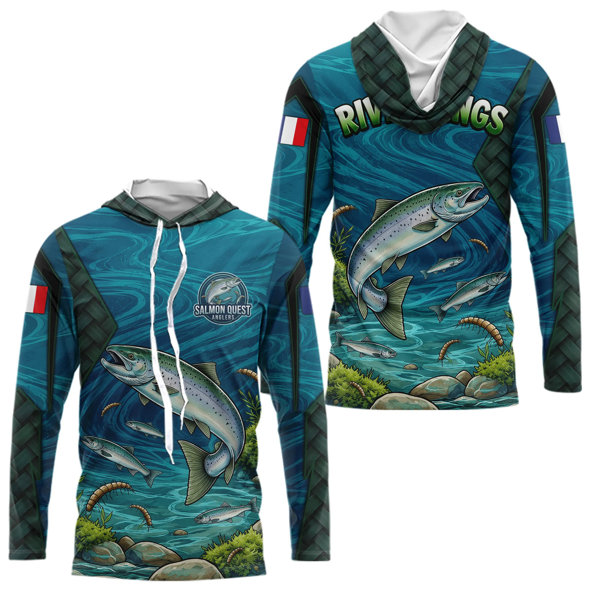 Maillot Pêche Saumon Bleu & Vert Anti UV - River Kings - Long Sleeves Hoodie Homme
