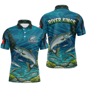 Maillot Pêche Saumon Bleu & Vert Anti UV - River Kings - Polo Homme