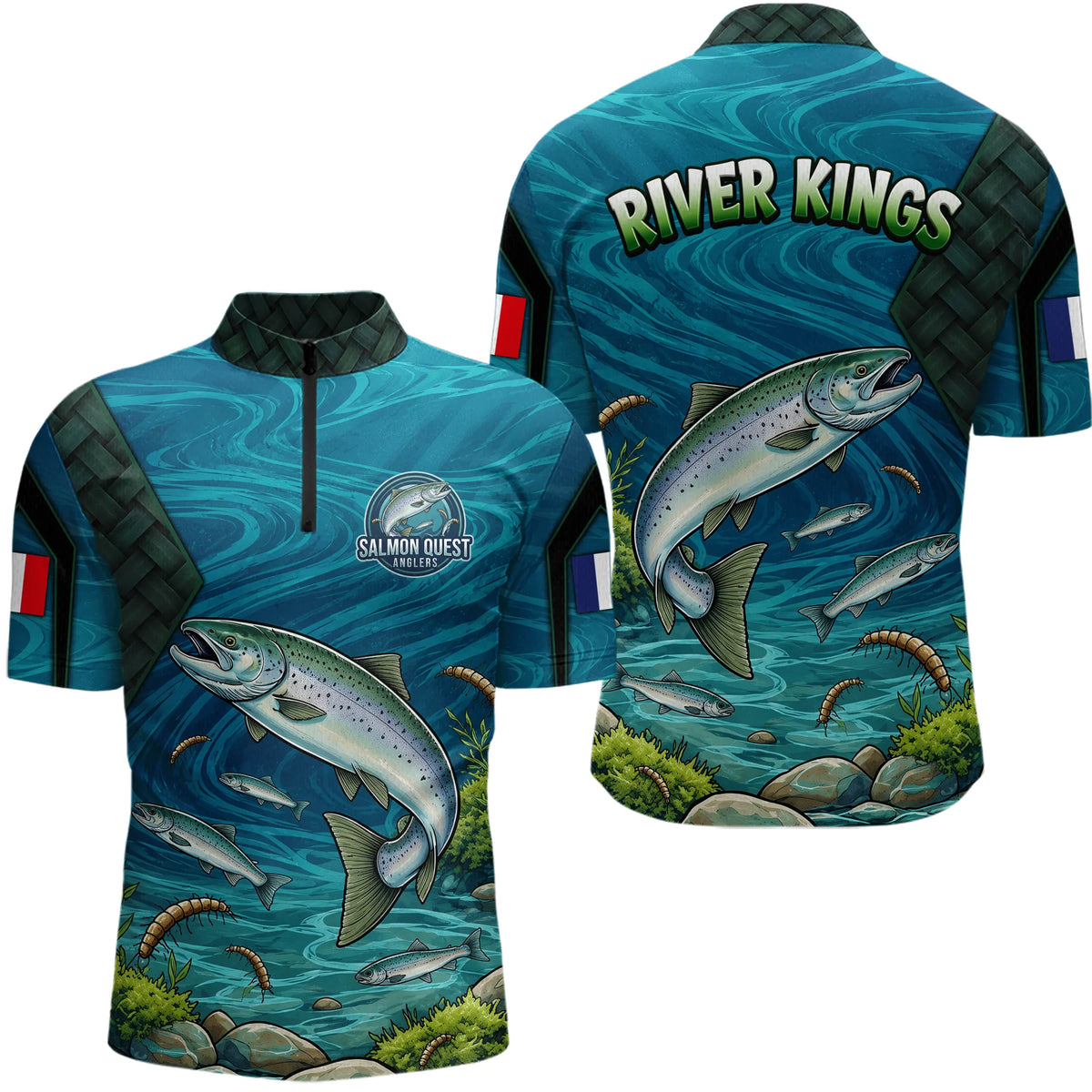 Maillot Pêche Saumon Bleu & Vert Anti UV - River Kings - Polo Zippé Homme