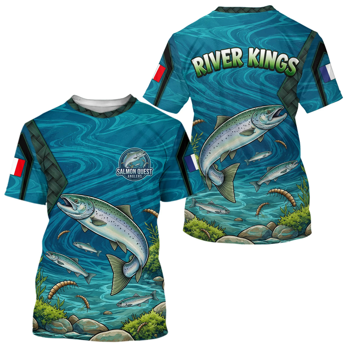 Maillot Pêche Saumon Bleu & Vert Anti UV - River Kings - Polo Zippé Homme