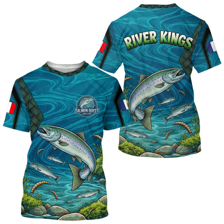 Maillot Pêche Saumon Bleu & Vert Anti UV - River Kings - Polo Zippé Homme