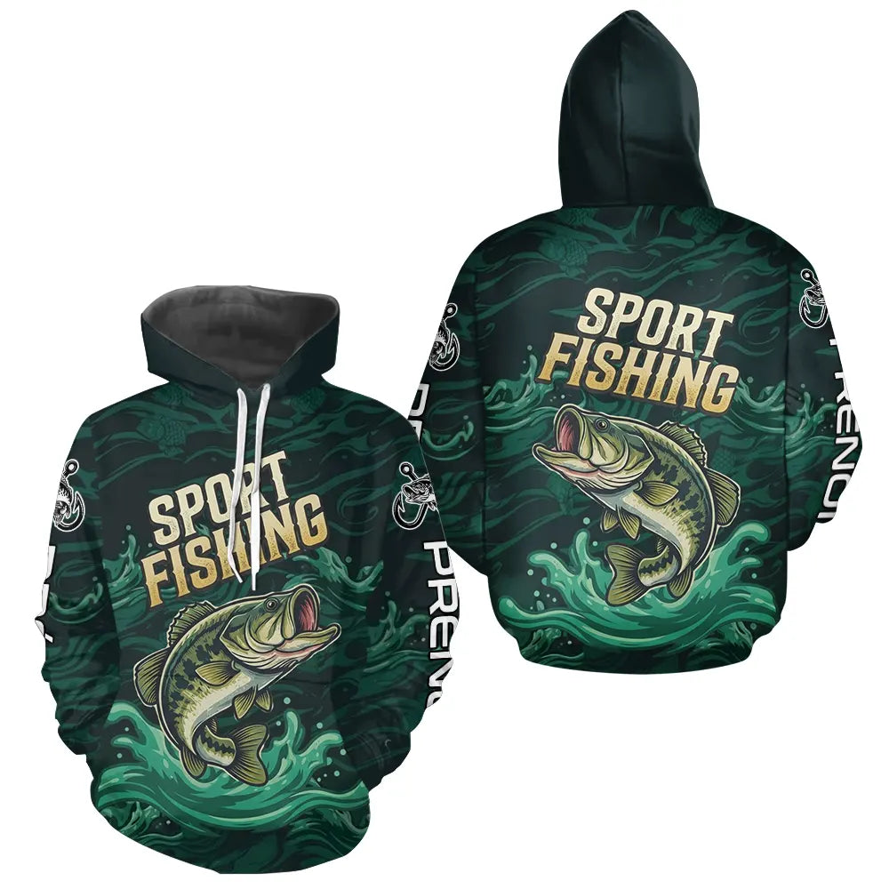 Maillot Pêche Sportive Vert Personnalisé Prénom - Sport Fishing - Hoodie Homme