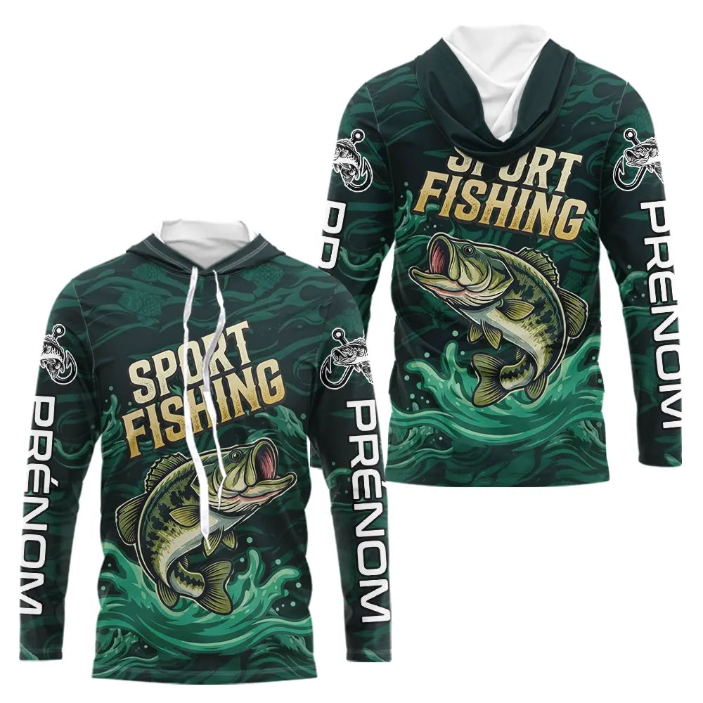 Maillot Pêche Sportive Vert Personnalisé Prénom - Sport Fishing - Long Sleeves Hoodie Homme