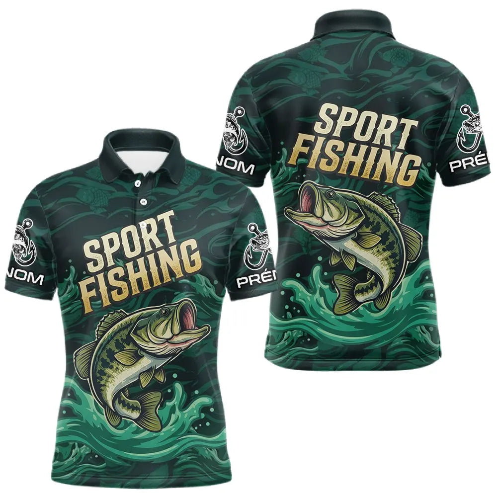 Maillot Pêche Sportive Vert Personnalisé Prénom - Sport Fishing - Polo Homme