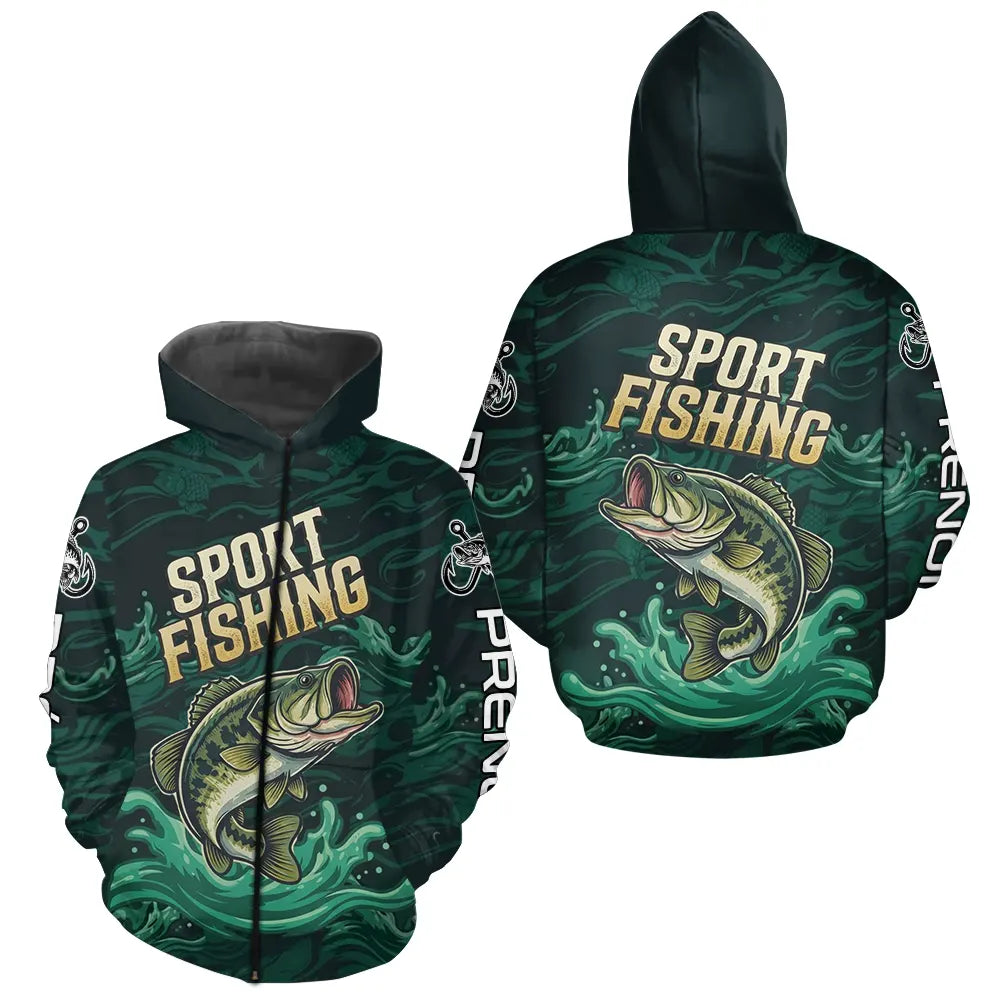 Maillot Pêche Sportive Vert Personnalisé Prénom - Sport Fishing - Zippé Hoodie Homme