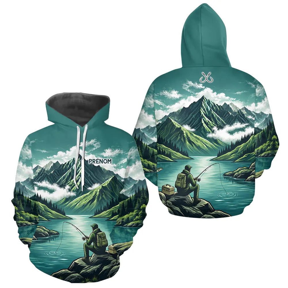 Maillot Pêche Vert Montagne Personnalisé - Homme Prénom- Hoodie Homme