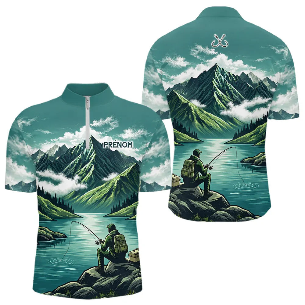 Maillot Pêche Vert Montagne Personnalisé - Homme Prénom- Polo Zippé Homme