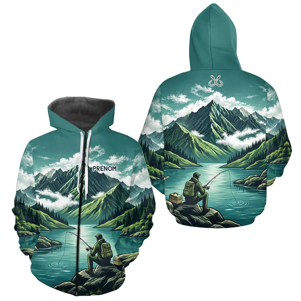 Maillot Pêche Vert Montagne Personnalisé - Homme Prénom- Zippé Hoodie Homme