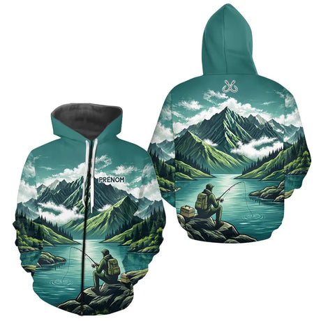 Maillot Pêche Vert Montagne Personnalisé - Homme Prénom- Zippé Hoodie Homme