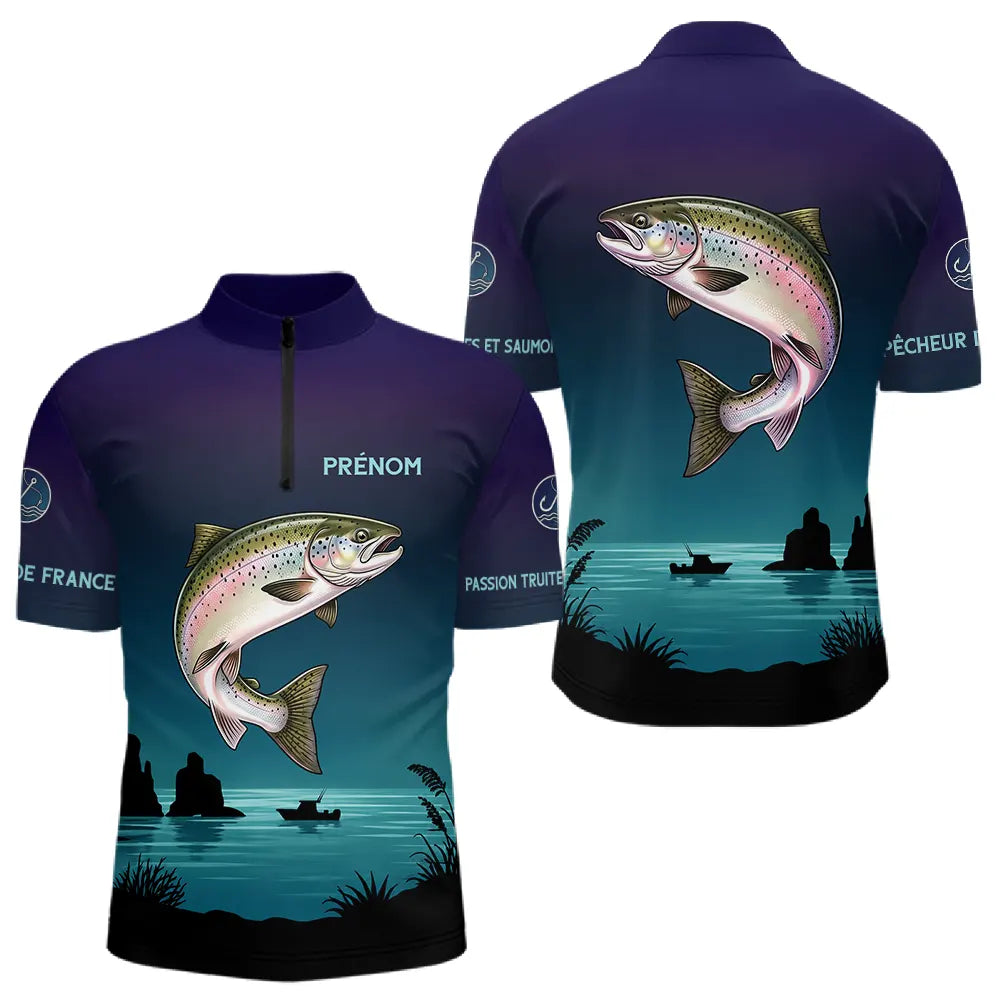 Maillot Pêche de France Truite Personnalisé - Bleu Et Noir - Polo Zippé Homme
