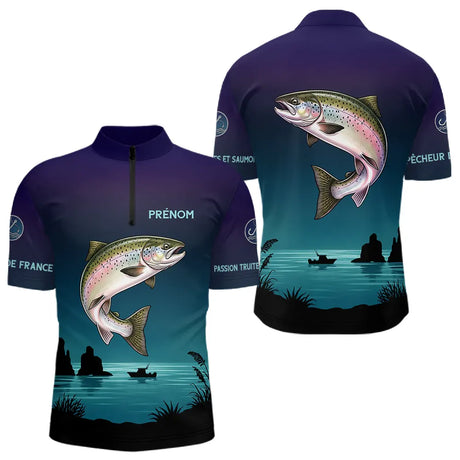 Maillot Pêche de France Truite Personnalisé - Bleu Et Noir - Polo Zippé Homme
