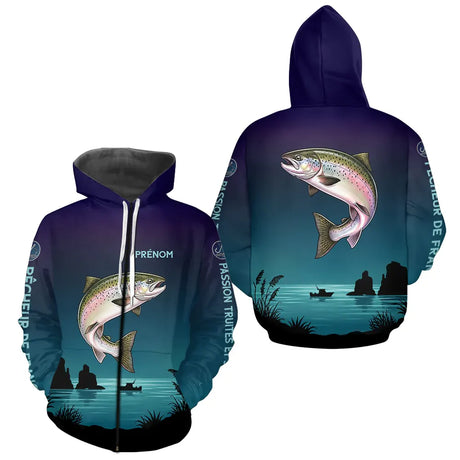 Maillot Pêche de France Truite Personnalisé - Bleu Et Noir - Zippé Hoodie Homme