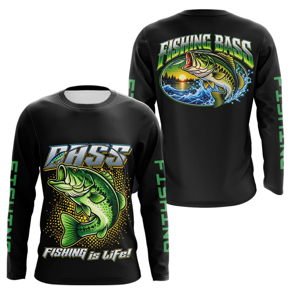 Maillot Pêcheur Black Bass - Noir Et Vert Personnalisé - Long Sleeves Homme