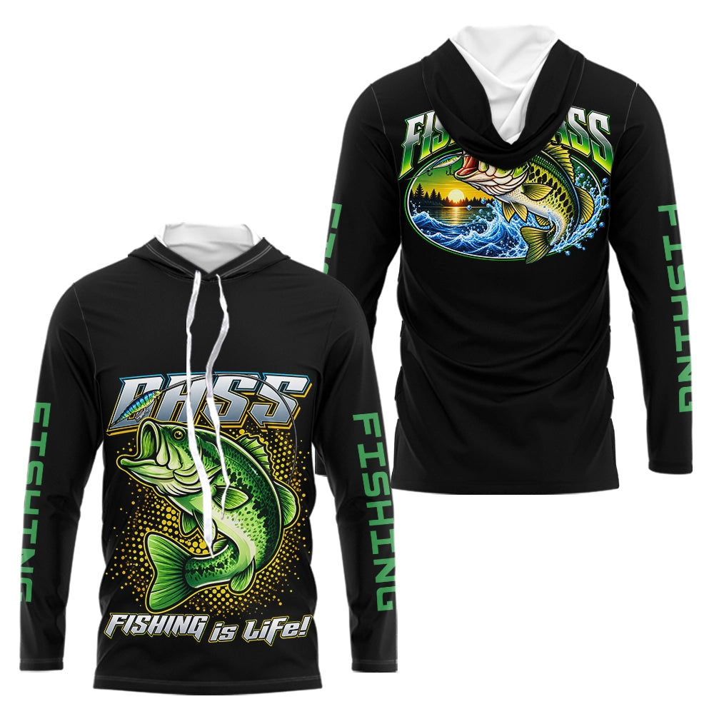 Maillot Pêcheur Black Bass - Noir Et Vert Personnalisé - Long Sleeves Hoodie Homme
