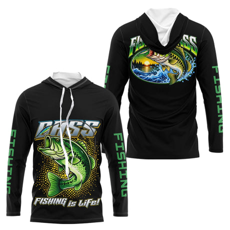Maillot Pêcheur Black Bass - Noir Et Vert Personnalisé - Long Sleeves Hoodie Homme