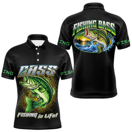 Maillot Pêcheur Black Bass - Noir Et Vert Personnalisé - Polo Homme
