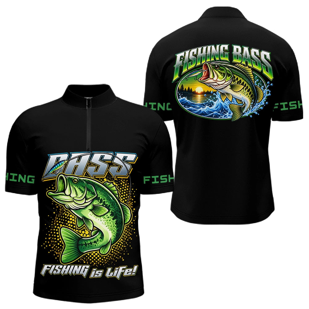 Maillot Pêcheur Black Bass - Noir Et Vert Personnalisé - Polo Zippé Homme