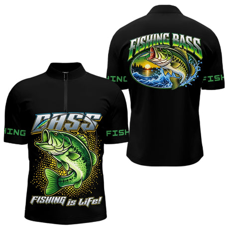 Maillot Pêcheur Black Bass - Noir Et Vert Personnalisé - Polo Zippé Homme