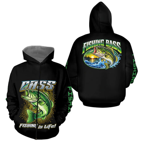 Maillot Pêcheur Black Bass - Noir Et Vert Personnalisé - Zippé Hoodie Homme