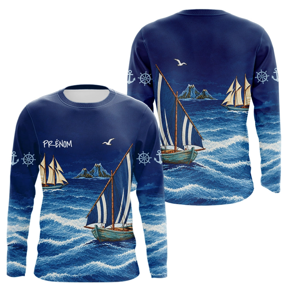 Maillot Pêcheur En Mer Personnalisé - Bleu Marine Nom - Long Sleeves Homme