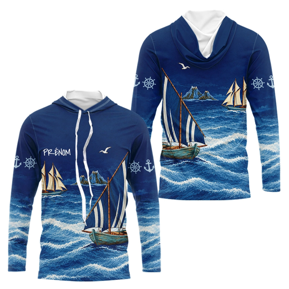 Maillot Pêcheur En Mer Personnalisé - Bleu Marine Nom - Long Sleeves Hoodie Homme