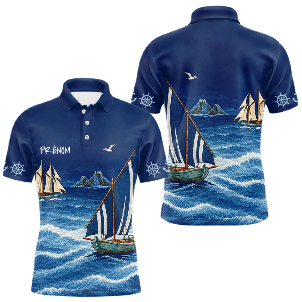 Maillot Pêcheur En Mer Personnalisé - Bleu Marine Nom - Polo Homme