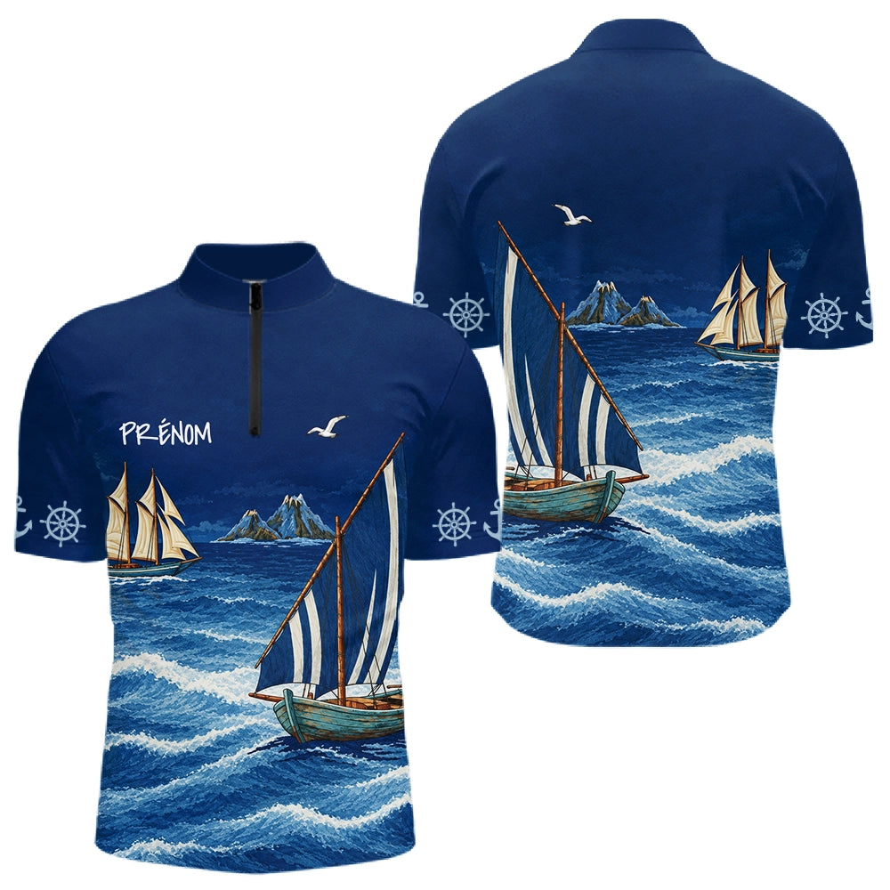 Maillot Pêcheur En Mer Personnalisé - Bleu Marine Nom - Polo Zippé Homme