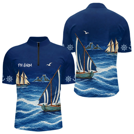 Maillot Pêcheur En Mer Personnalisé - Bleu Marine Nom - Polo Zippé Homme