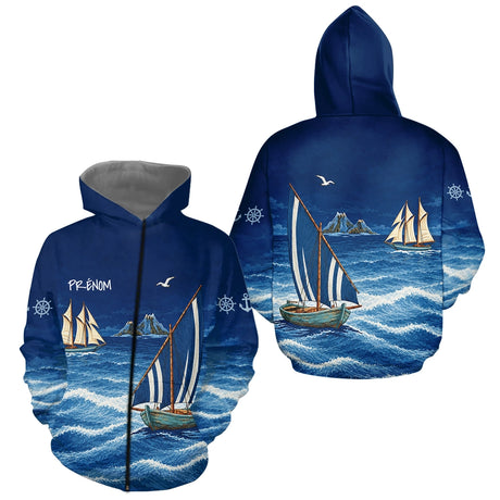 Maillot Pêcheur En Mer Personnalisé - Bleu Marine Nom - Zippé Hoodie Homme