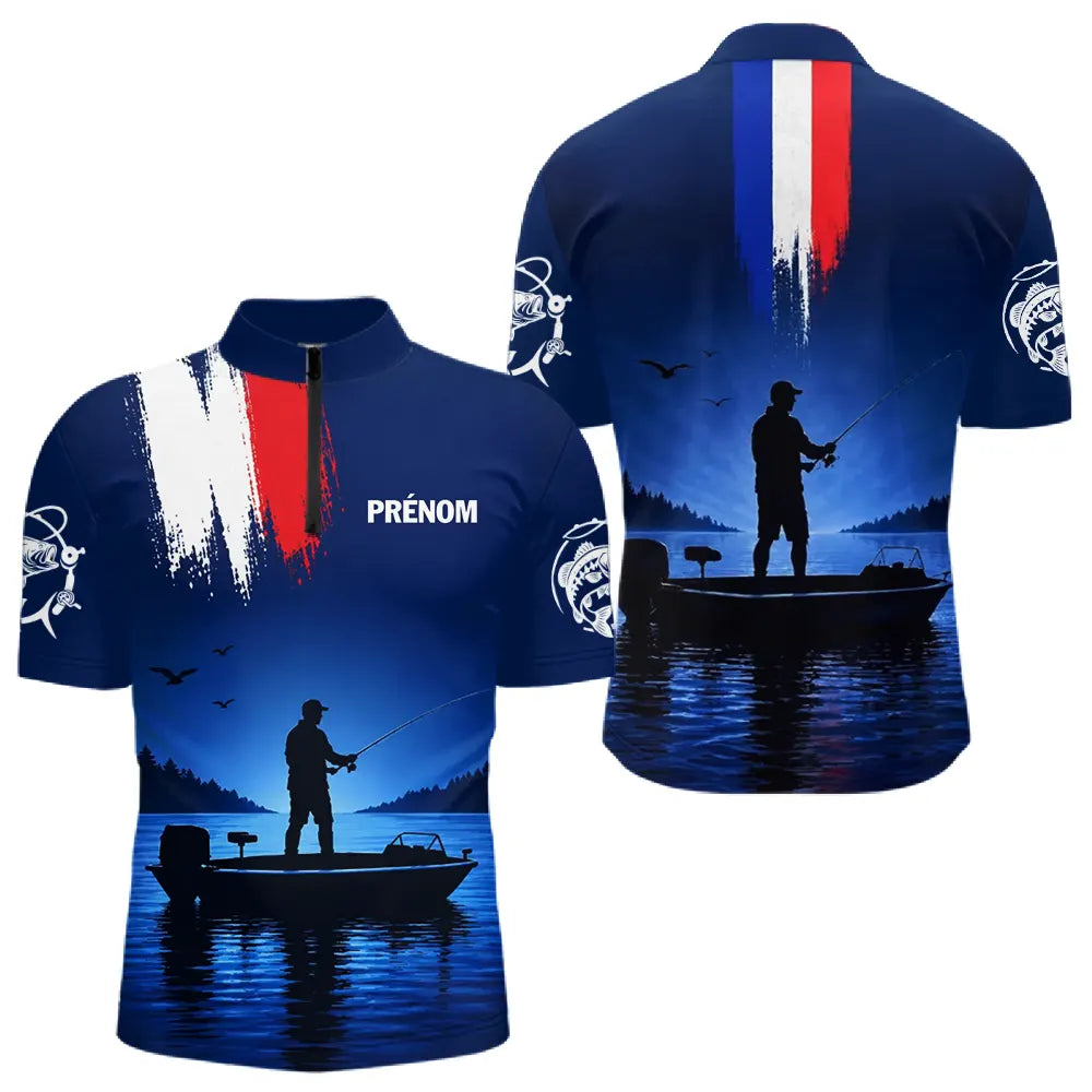 Maillot Pêcheur Personnalisé Bleu - Silhouette Barque France - Polo Zippé Homme