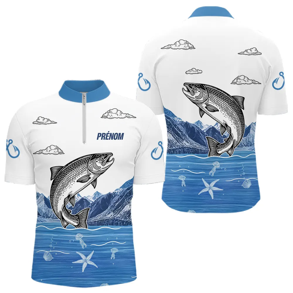 Maillot Pêcheur Truite Cadeau Personnalisé - Bleu Et Blanc - Polo Zippé Homme